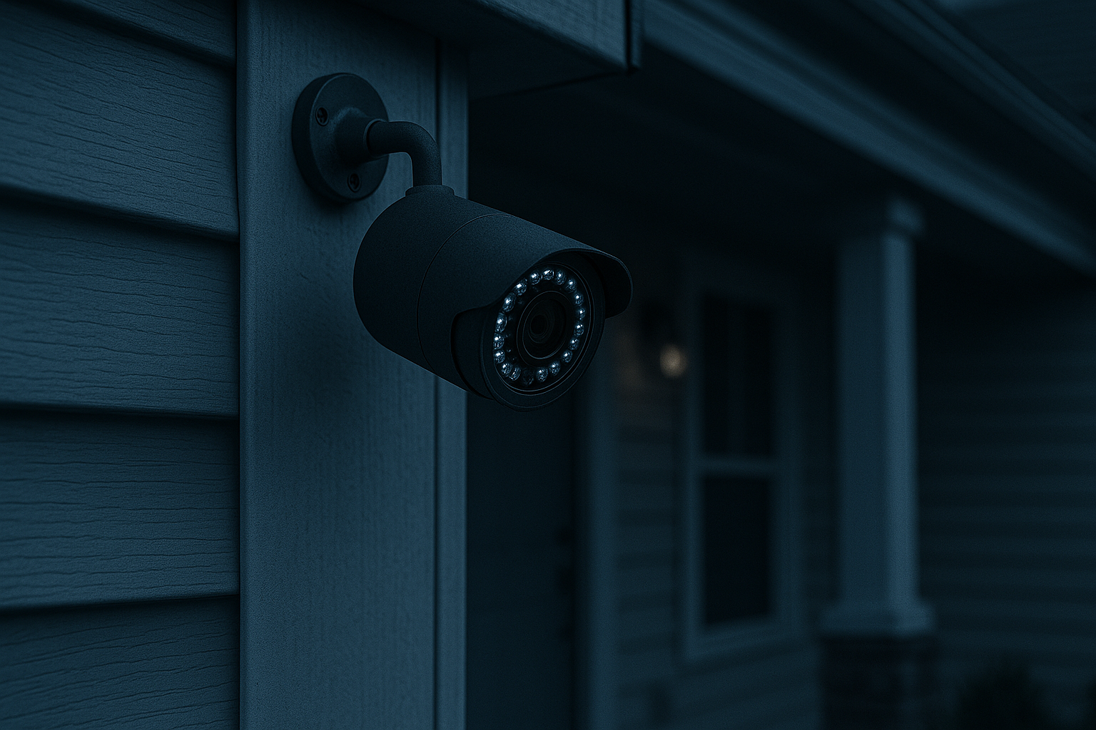 Bullet camera mounted on a house corner at dusk