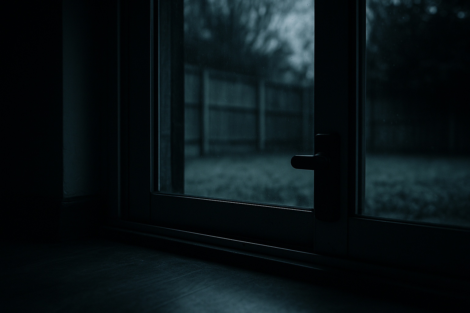 Sliding patio door seen from inside at night